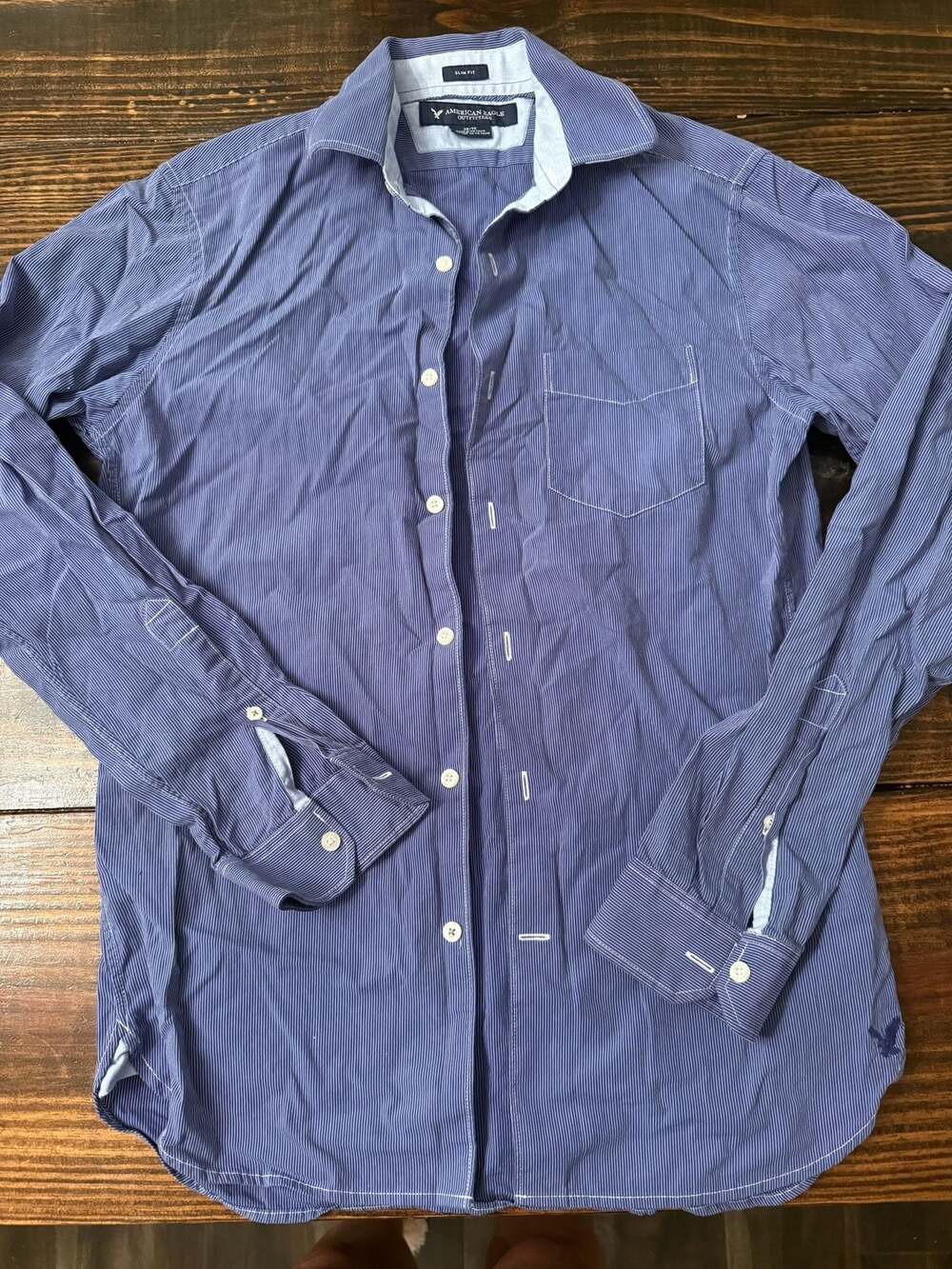 American Eagle Outfitters Men's Slim Fit Blue Striped Long Sleeve Button Up Shir